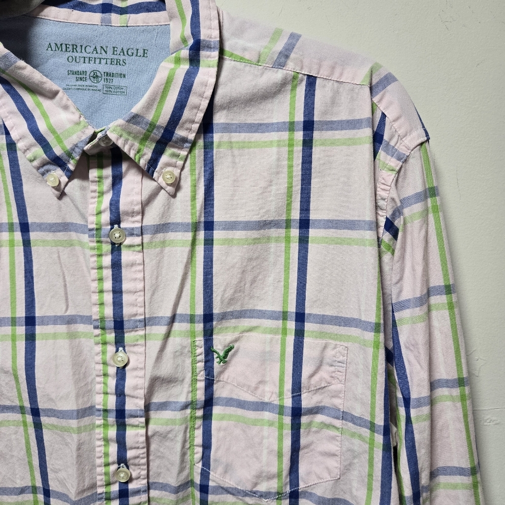 American Eagle Pink Plaid Long Sleeve Button-Up Size XL Pastel Green Blue Preppy